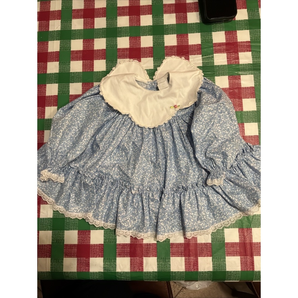 Vtg Bryan Baby Girls Dress 18 months Ruffled Blue Bow Layered Lace Puffy Sleeve